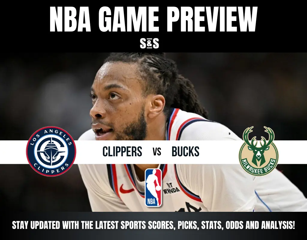 NBA game preview featuring Los Angeles Clippers vs Milwaukee Bucks with player in action in background.