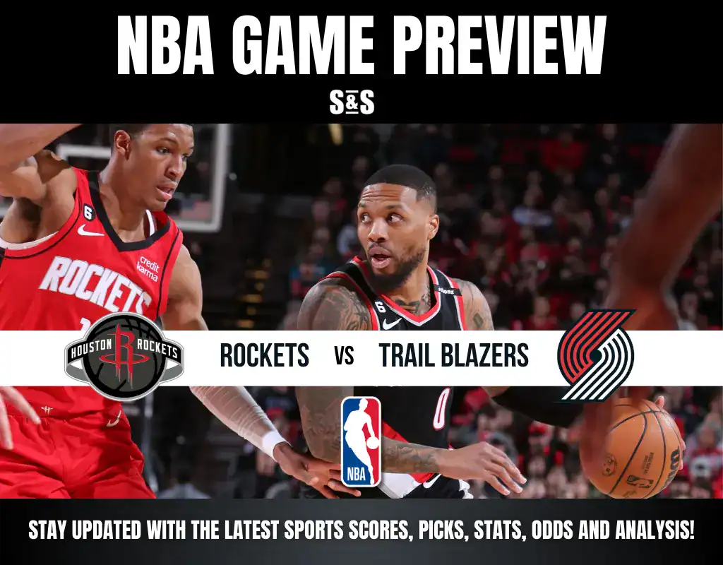 NBA game preview graphic featuring the Houston Rockets facing off against the Trail Blazers, with text urging viewers to stay updated with the latest sports scores, picks, stats, odds, and analysis.