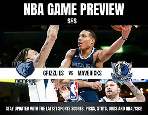 NBA game preview for Grizzlies vs Mavericks. Intense action shot of a Grizzlies player in mid-play. Logos, NBA symbol, and text included.