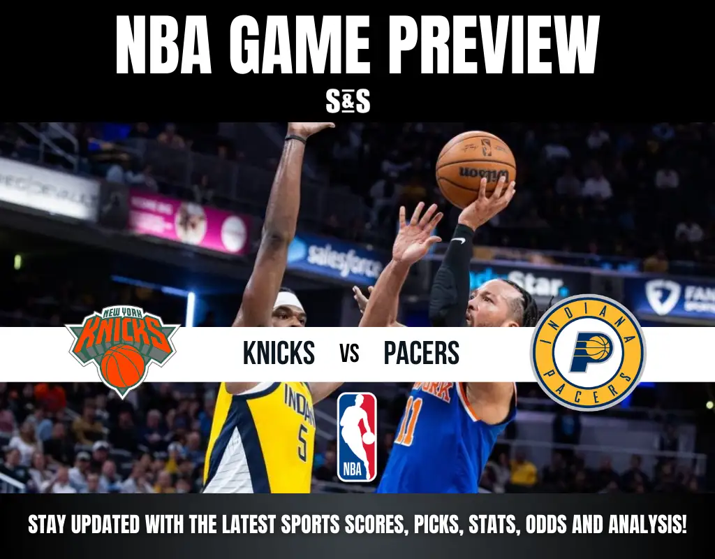 NBA game preview graphic featuring New York Knicks vs Indiana Pacers with players in action and team logos.