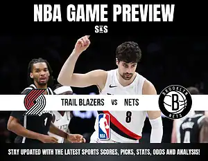 NBA Game Preview featuring the Trail Blazers vs Nets, with a logo for both teams and a note to stay updated with the latest sports scores, picks, stats, odds, and analysis.
