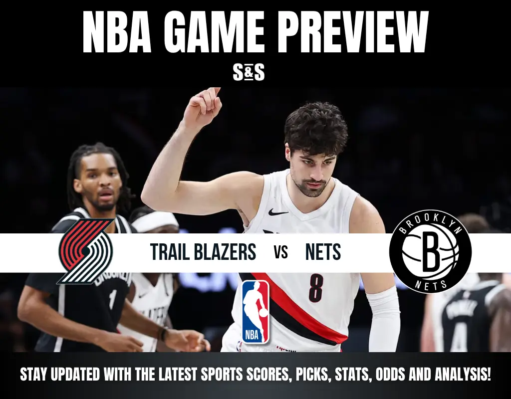 NBA Game Preview featuring the Trail Blazers vs Nets, with a logo for both teams and a note to stay updated with the latest sports scores, picks, stats, odds, and analysis.