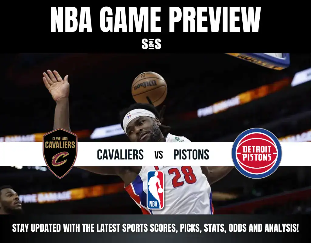 NBA Game Preview featuring the Cleveland Cavaliers vs. Detroit Pistons, with a player in action wearing jersey number 28.