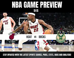 "NBA Game Preview featuring Miami Heat vs. Milwaukee Bucks. A Heat player dribbles the ball; team logos displayed prominently, conveying excitement."
