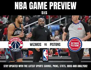 NBA game preview graphic showing Washington Wizards vs Detroit Pistons with team logos and players in action.