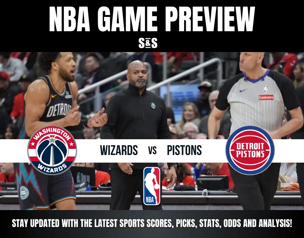 NBA game preview graphic showing Washington Wizards vs Detroit Pistons with team logos and players in action.