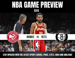 Alt text: "NBA game preview features Atlanta Hawks vs Brooklyn Nets with a player in a red Hawks jersey beside a referee, set in a basketball arena."