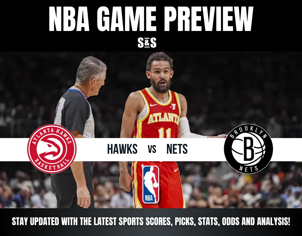 Alt text: "NBA game preview features Atlanta Hawks vs Brooklyn Nets with a player in a red Hawks jersey beside a referee, set in a basketball arena."