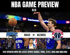 NBA game preview featuring Orlando Magic vs. Washington Wizards. Two players in action, Magic player dribbling, Wizards player raising hand. Energetic scene.