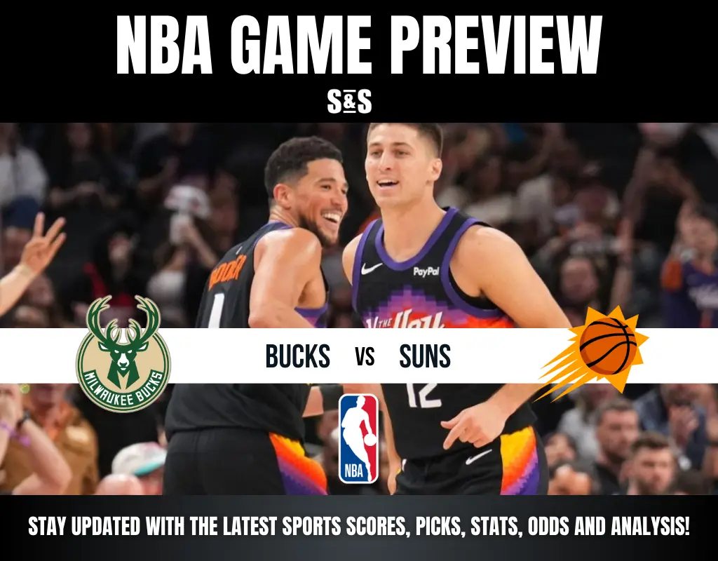 NBA game preview featuring the Milwaukee Bucks vs. Phoenix Suns, highlighting team logos and players in action.