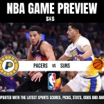 NBA Game Preview banner featuring action shot of two basketball players, one in a Suns uniform and one in a Pacers uniform. Logos of Indiana Pacers and Phoenix Suns are displayed, with text 'Pacers vs Suns' and NBA logo at the center. Background shows a blurred crowd. Bold header reads 'Stay updated with the latest sports scores, picks, stats, odds, and analysis!' above and below the image.