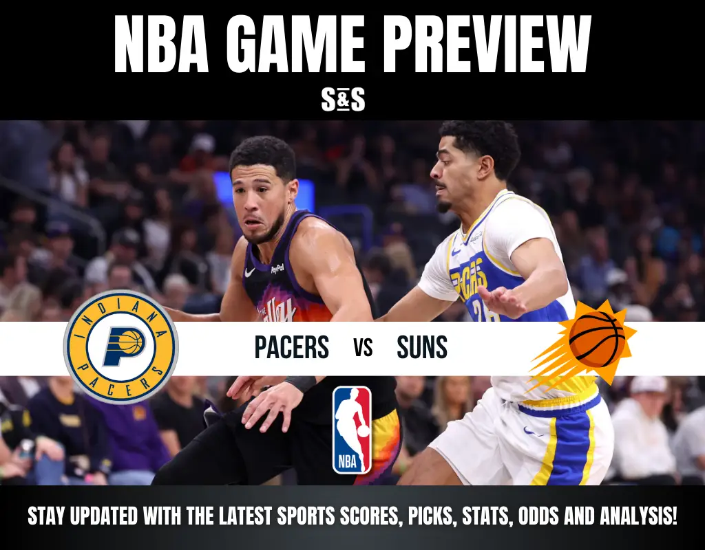 NBA Game Preview banner featuring action shot of two basketball players, one in a Suns uniform and one in a Pacers uniform. Logos of Indiana Pacers and Phoenix Suns are displayed, with text 'Pacers vs Suns' and NBA logo at the center. Background shows a blurred crowd. Bold header reads 'Stay updated with the latest sports scores, picks, stats, odds, and analysis!' above and below the image.