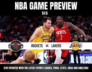 NBA game preview showing Houston Rockets vs Los Angeles Lakers with players in action and team logos. Stay updated with scores and analysis.