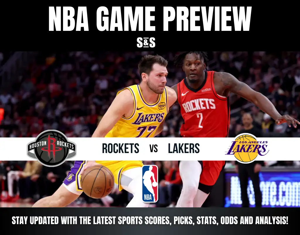 NBA game preview showing Houston Rockets vs Los Angeles Lakers with players in action and team logos. Stay updated with scores and analysis.