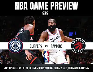NBA game preview featuring Los Angeles Clippers vs Toronto Raptors with players guarding each other on court.