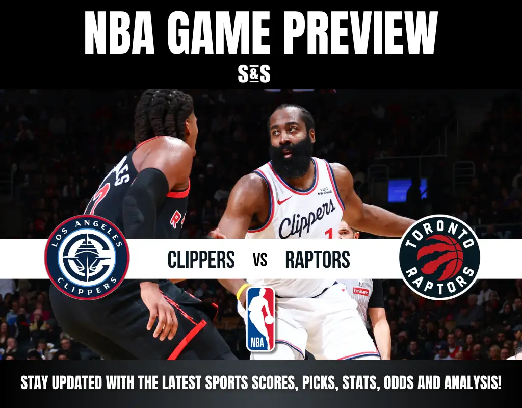 NBA game preview featuring Los Angeles Clippers vs Toronto Raptors with players guarding each other on court.