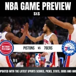 NBA game preview image featuring Detroit Pistons and Philadelphia 76ers logos. Players high-five energetically. Text highlights scores, stats, and analysis.