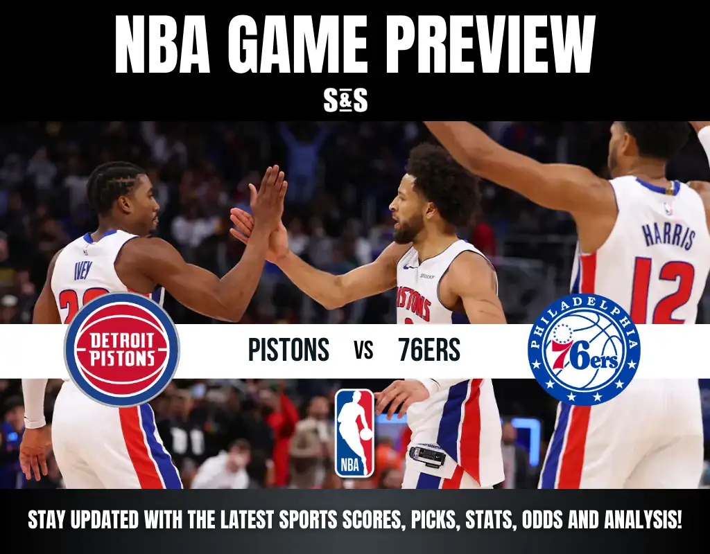 NBA game preview image featuring Detroit Pistons and Philadelphia 76ers logos. Players high-five energetically. Text highlights scores, stats, and analysis.