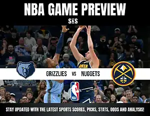 NBA game preview featuring Memphis Grizzlies vs Denver Nuggets with action shot of players and logos.