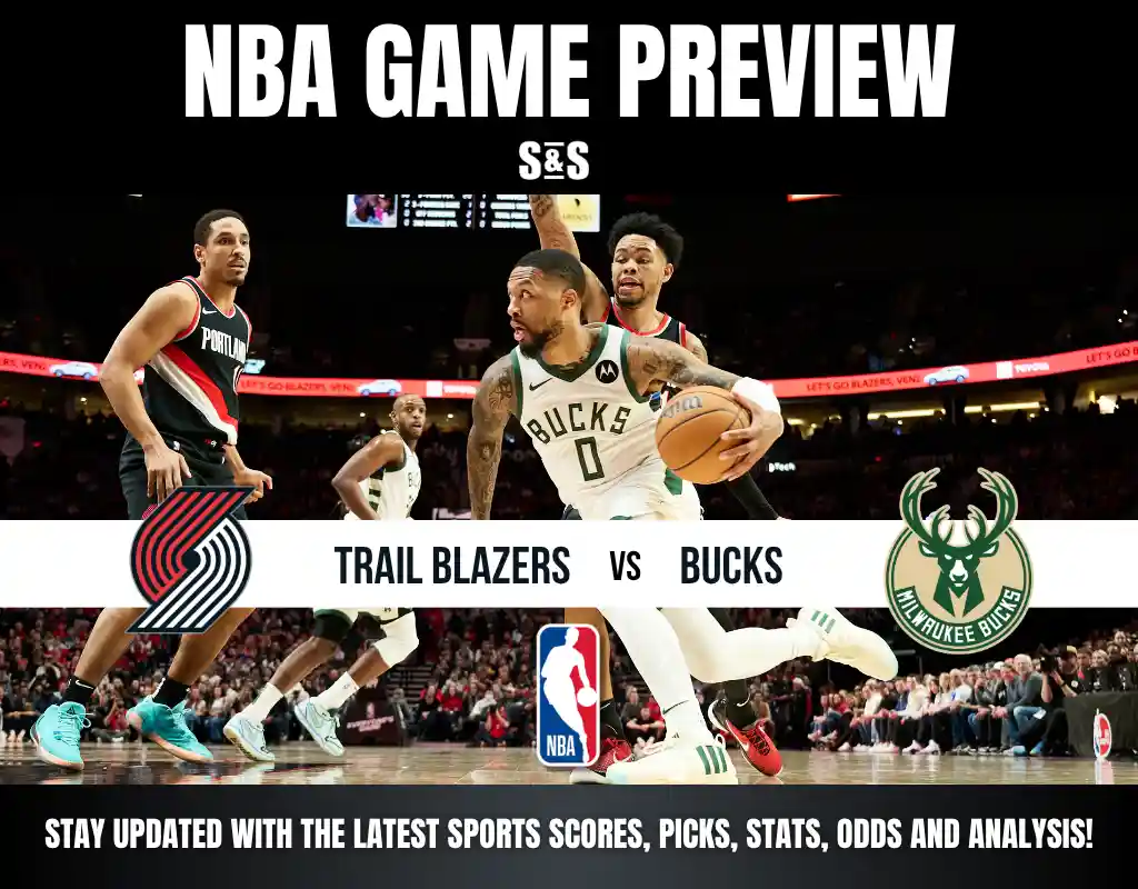 NBA game preview featuring the Portland Trail Blazers vs Milwaukee Bucks with live action on the court.