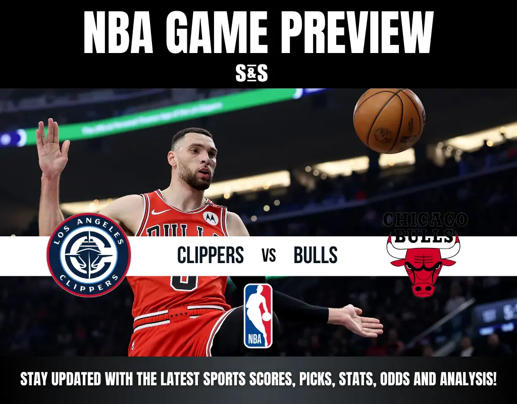 NBA game preview graphic showing Los Angeles Clippers vs Chicago Bulls with a basketball player in a Bulls jersey and NBA logo.