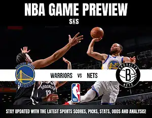 NBA game preview graphic showing Golden State Warriors vs Brooklyn Nets with players in action and team logos.