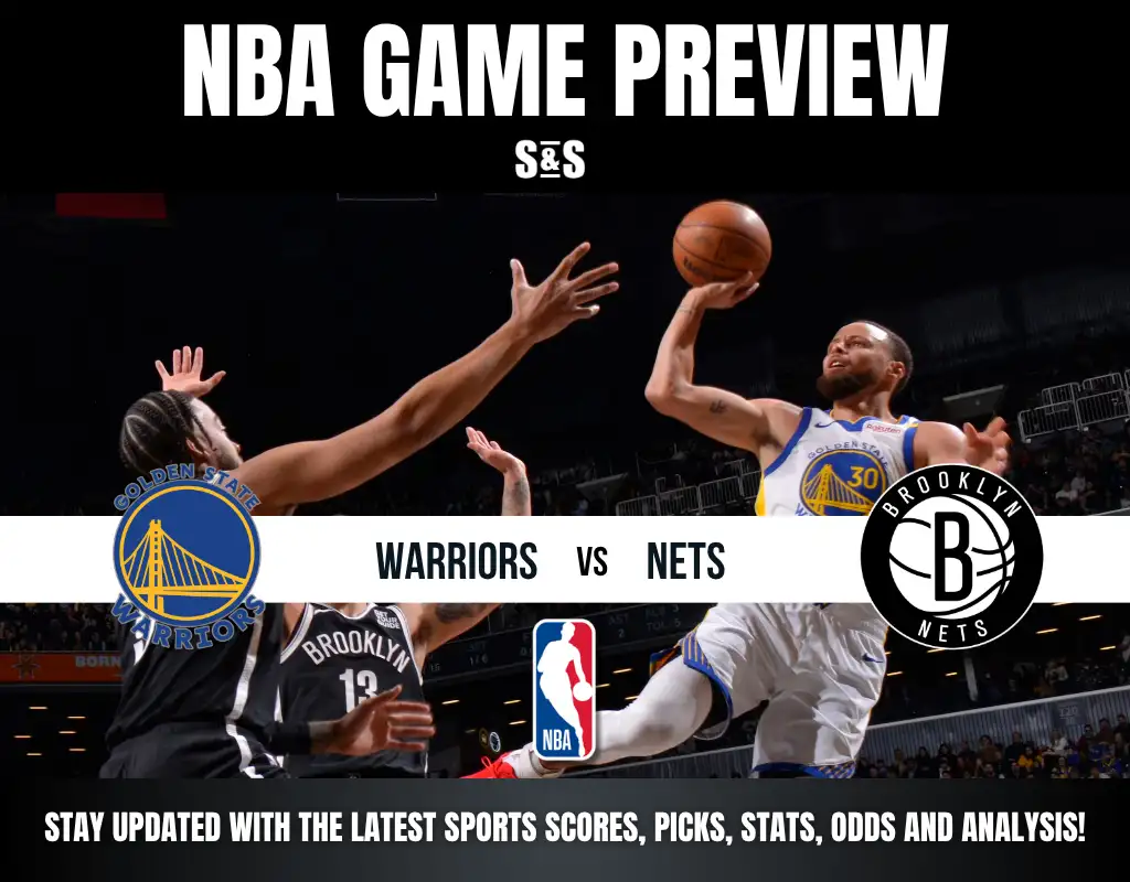 NBA game preview graphic showing Golden State Warriors vs Brooklyn Nets with players in action and team logos.