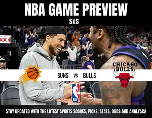 NBA game preview featuring the Phoenix Suns and Chicago Bulls, with a call to stay updated on sports scores, picks, stats, odds, and analysis.