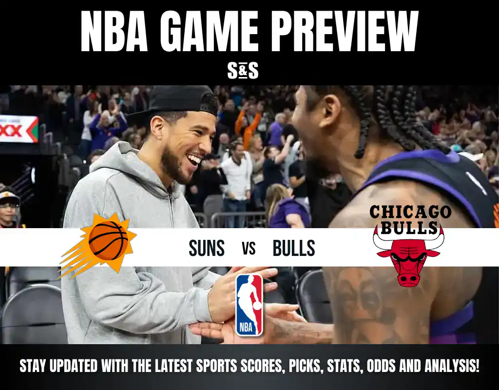 NBA game preview featuring the Phoenix Suns and Chicago Bulls, with a call to stay updated on sports scores, picks, stats, odds, and analysis.