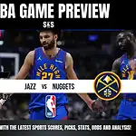 NBA Game Preview featuring Utah Jazz vs. Denver Nuggets, with team logos and promotional text for updates on scores and analysis.