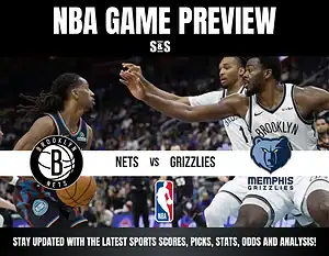 NBA game preview featuring Brooklyn Nets vs. Memphis Grizzlies. Intense action on court, Nets player dribbling, Grizzlies player defending. Logos centered.