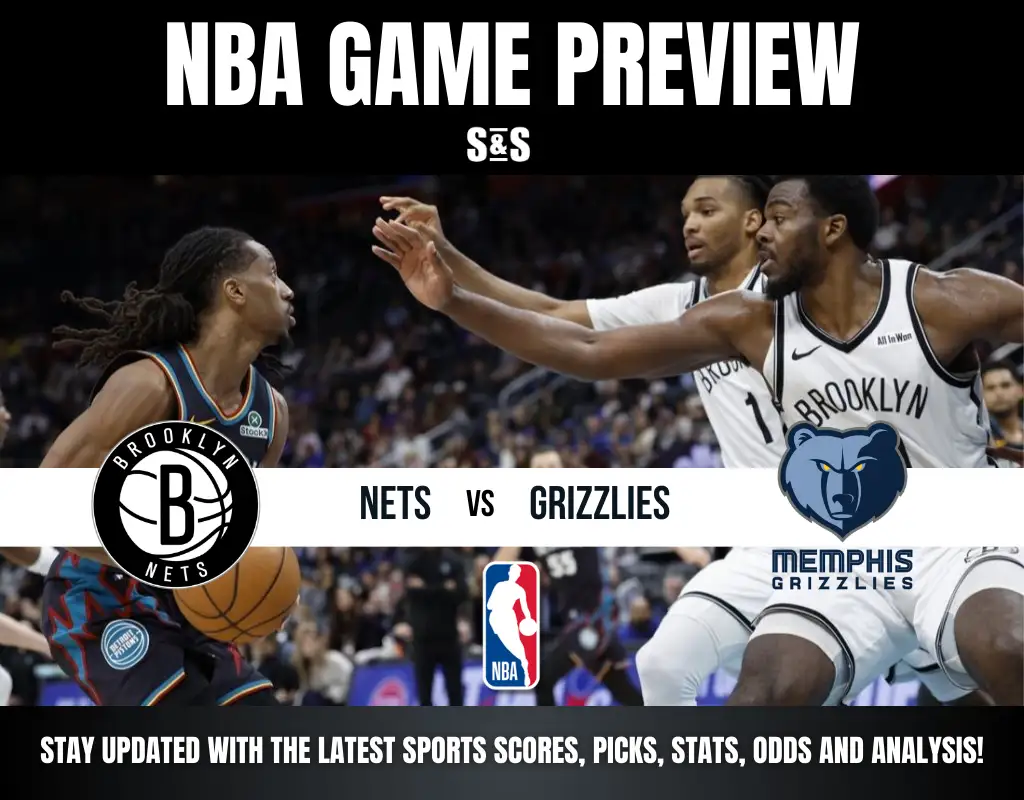 NBA game preview featuring Brooklyn Nets vs. Memphis Grizzlies. Intense action on court, Nets player dribbling, Grizzlies player defending. Logos centered.