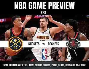 NBA game preview featuring the Nuggets vs. Rockets with player action and team logos displayed. Stay updated on scores and stats.