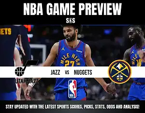 NBA Game Preview featuring Utah Jazz vs. Denver Nuggets, with team logos and promotional text for updates on scores and analysis.