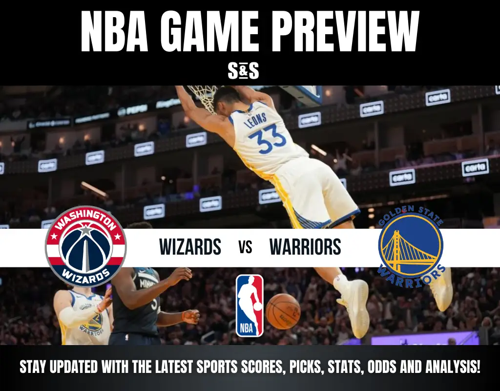 NBA game preview featuring Washington Wizards vs Golden State Warriors with a player dunking and team logos displayed.