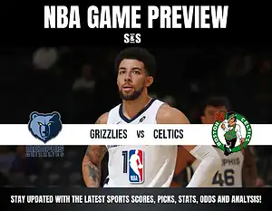 NBA game preview graphic for the Memphis Grizzlies vs. Boston Celtics with team logos and a blurred player background.