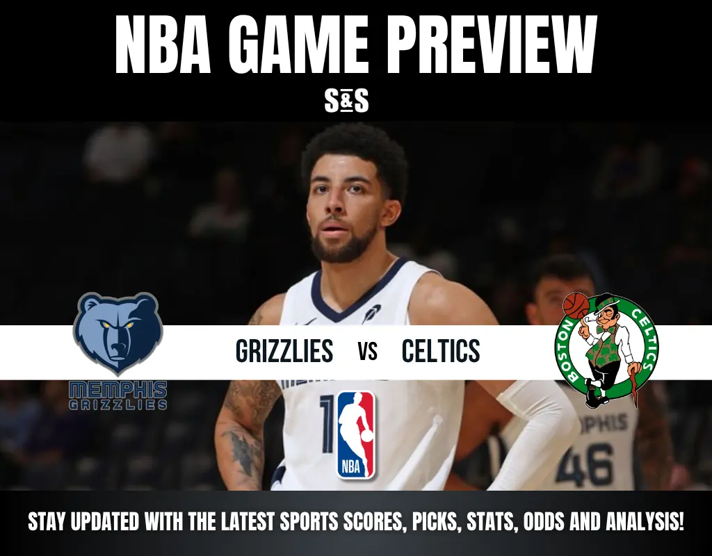 NBA game preview graphic for the Memphis Grizzlies vs. Boston Celtics with team logos and a blurred player background.