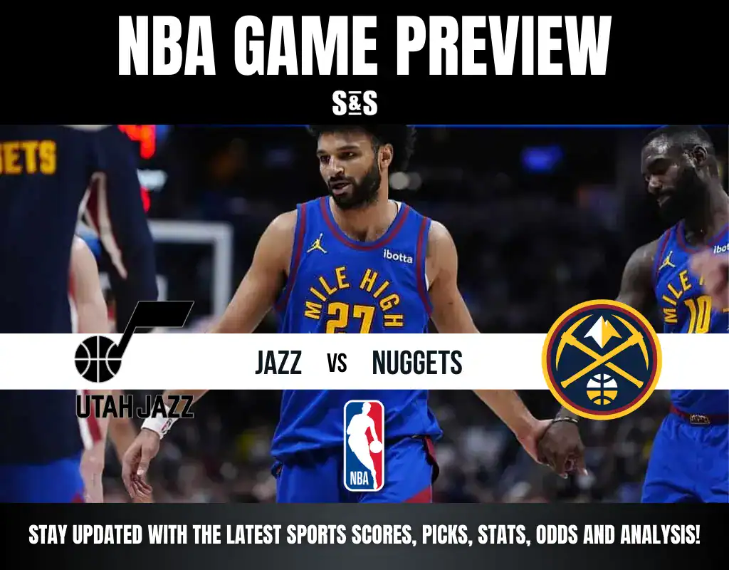 NBA Game Preview featuring Utah Jazz vs. Denver Nuggets, with team logos and promotional text for updates on scores and analysis.