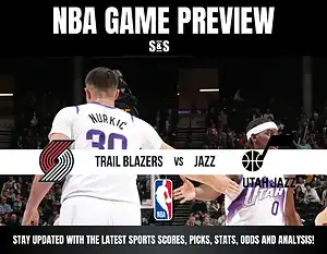 NBA game preview featuring Trail Blazers vs Utah Jazz with players in white jerseys on the court.
