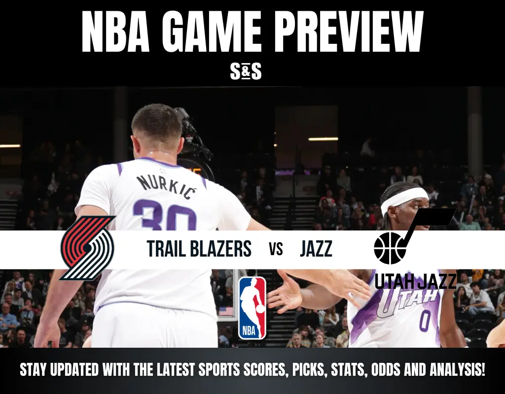NBA game preview featuring Trail Blazers vs Utah Jazz with players in white jerseys on the court.