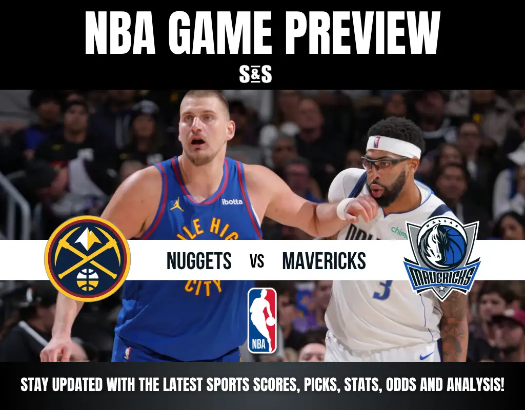 NBA game preview graphic featuring Denver Nuggets vs Dallas Mavericks with players in action and team logos.