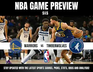 NBA game preview graphic showing Golden State Warriors vs Minnesota Timberwolves with action shot of players on court.