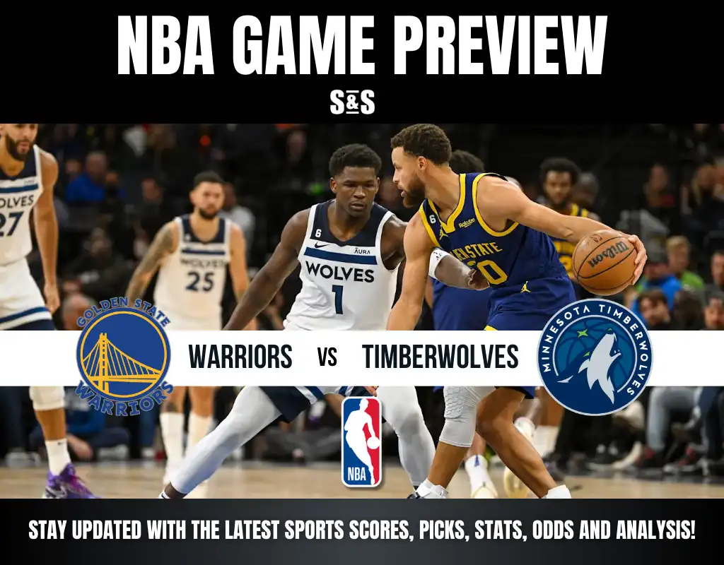 NBA game preview graphic showing Golden State Warriors vs Minnesota Timberwolves with action shot of players on court.