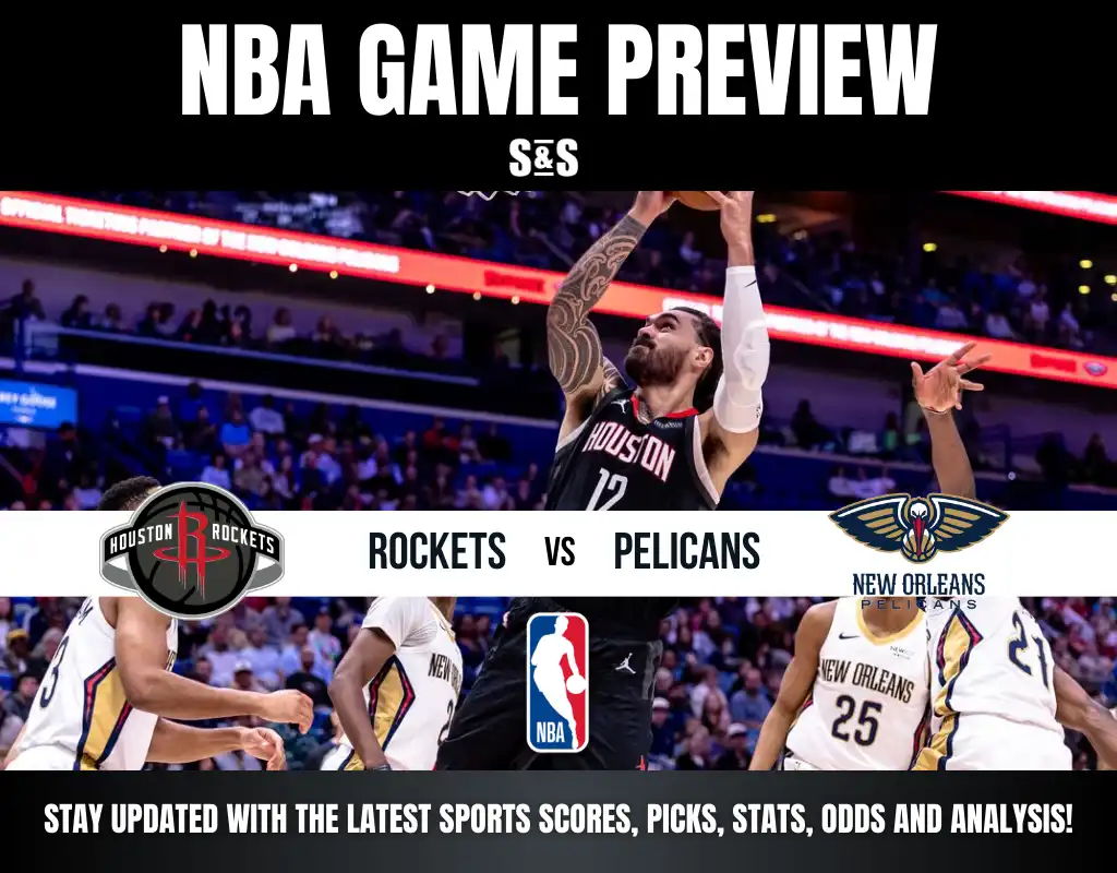 NBA game preview featuring Houston Rockets vs New Orleans Pelicans with players in action during a basketball game.