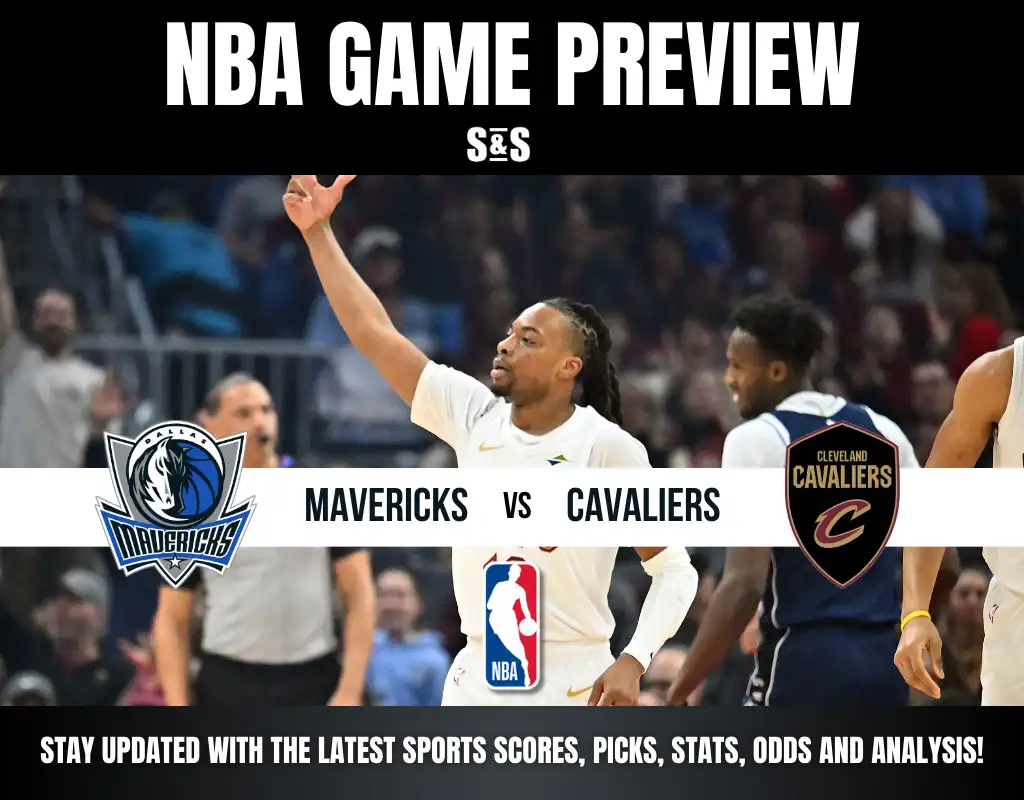 NBA game preview graphic featuring Dallas Mavericks vs Cleveland Cavaliers with players and logos in the background.