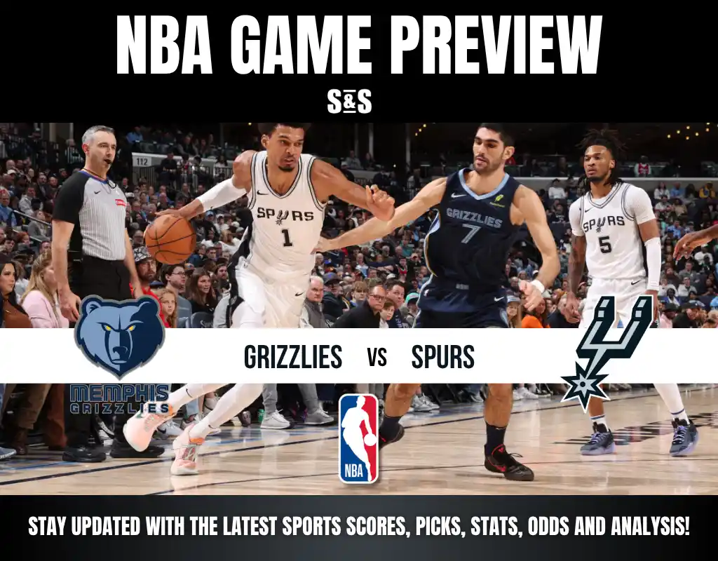 NBA game preview between the Memphis Grizzlies and the San Antonio Spurs, featuring player action on the court with team logos and promotional text.