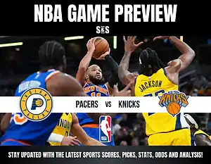 NBA Game Preview featuring Pacers vs. Knicks, with a player from the Knicks shooting a basketball and another player from the Pacers defending.