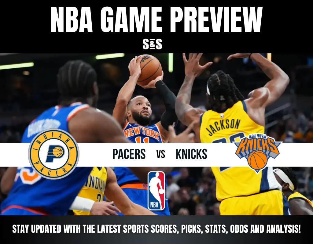 NBA Game Preview featuring Pacers vs. Knicks, with a player from the Knicks shooting a basketball and another player from the Pacers defending.