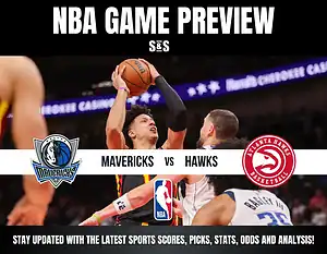 NBA game preview featuring Dallas Mavericks vs Atlanta Hawks with players in action and team logos displayed.