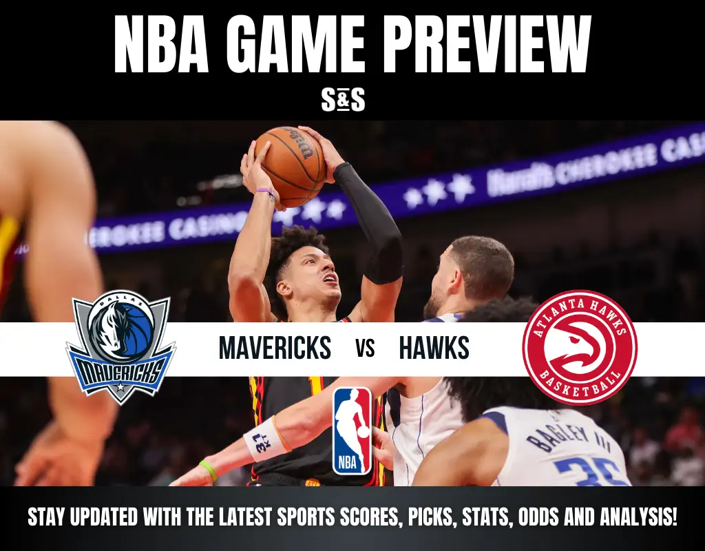 NBA game preview featuring Dallas Mavericks vs Atlanta Hawks with players in action and team logos displayed.